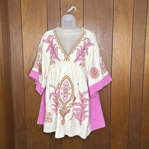 Sunday Up Tunic Dress‎ Women M Ivory Pink Embroidered Boho Festival Cottagecore
